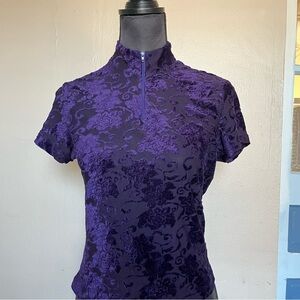 Purple whimsigoth floral mesh mock neck top with zipper